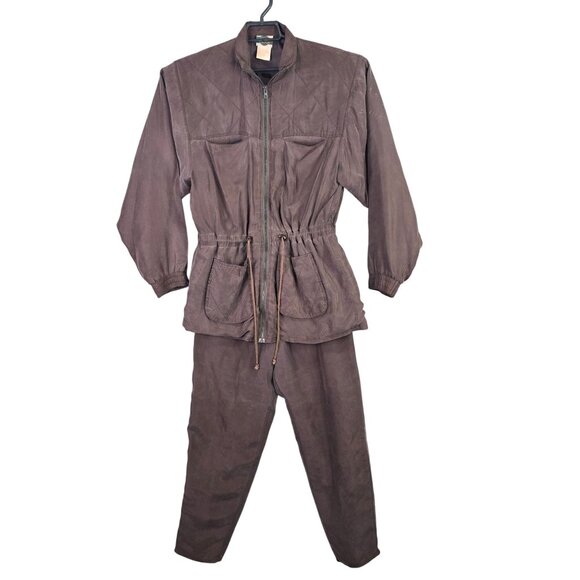 Womens Vintage Outbrook Brown 100% Silk 2 Piece Jacket & Pant Set Outfit Size S - Picture 1 of 14